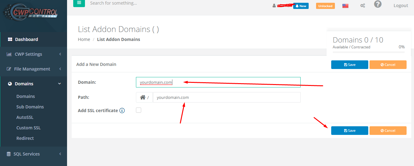 Domain added on CWP