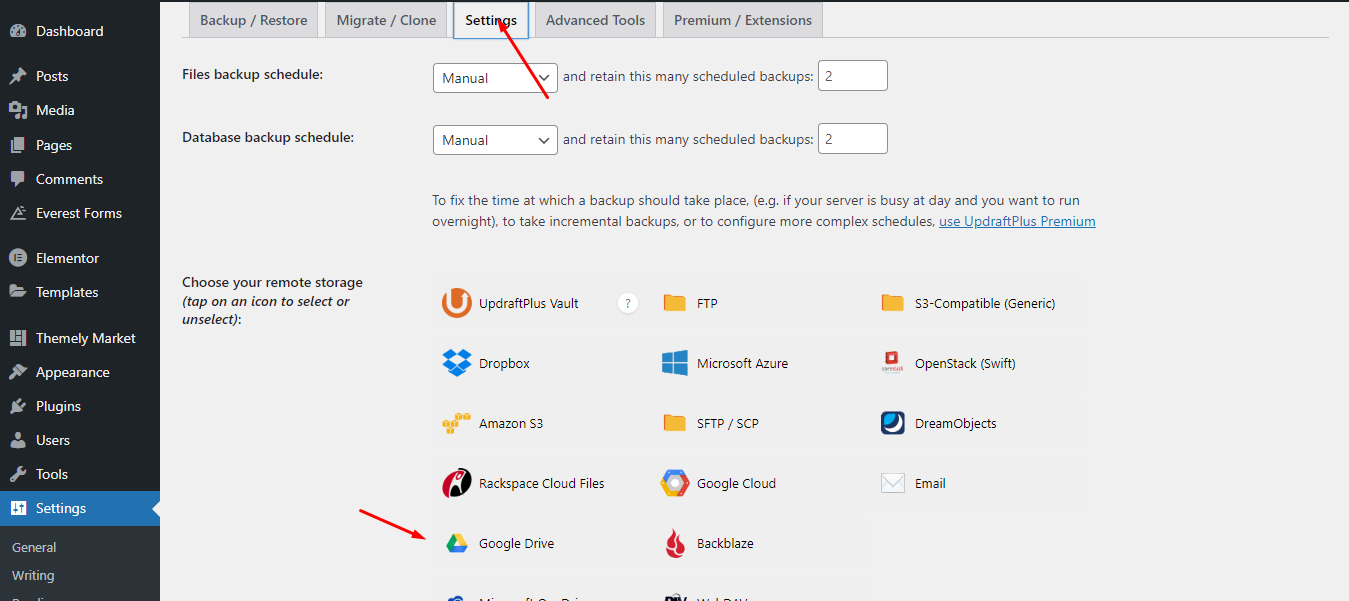click on google drive to take backup your WordPress website