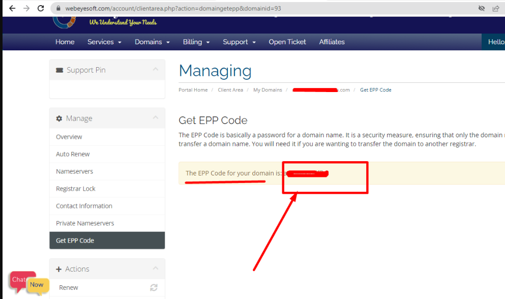 Here is your domain transfer EPP code